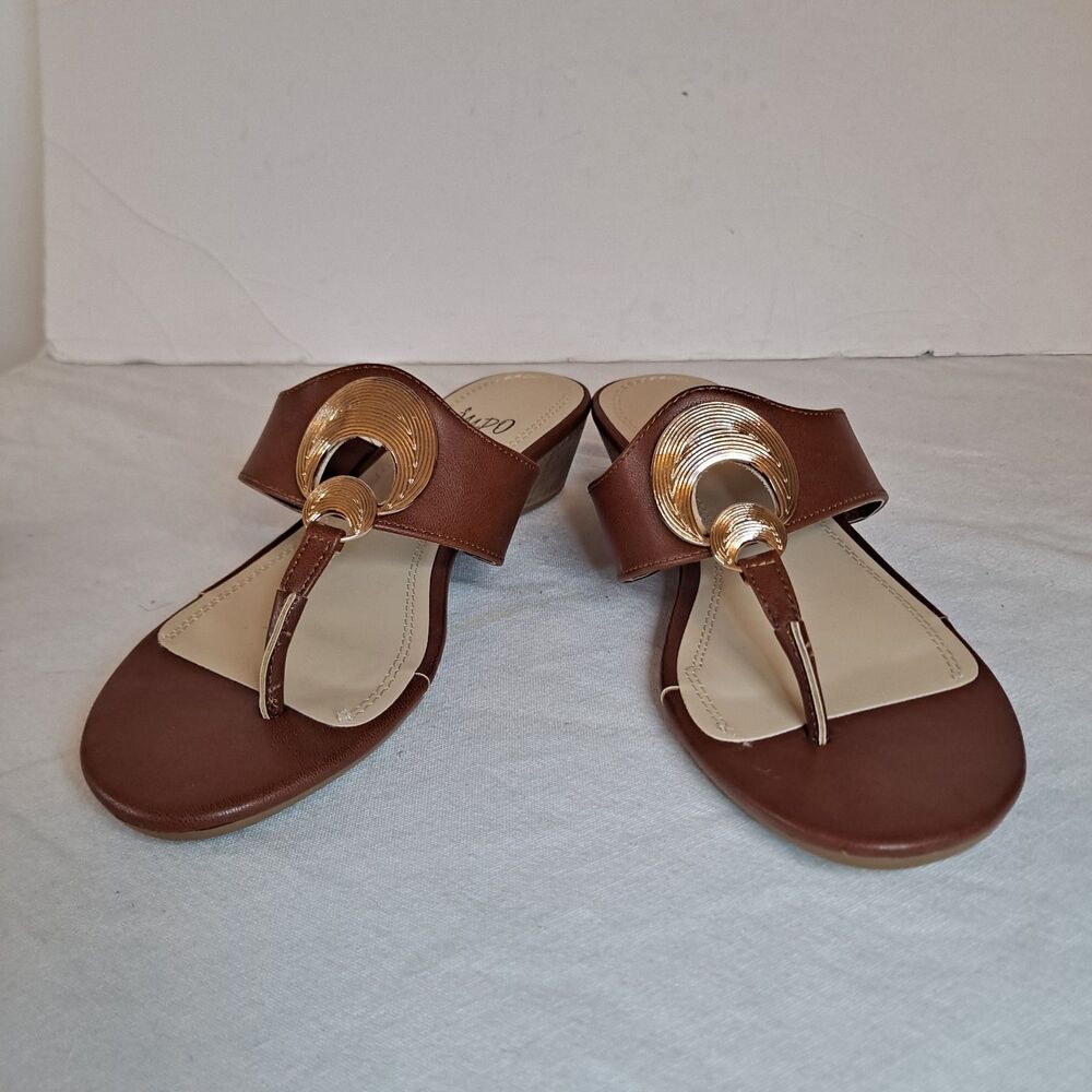 Impo Ronette Slide Sandals Women's 7.5 Brown Gold Circle Cork Wedge Heel